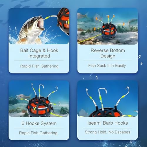 Reverse Bottom Bait Cage Fishing Hook, 360° Floating Bait Cage Fishing Hook, 6-Hooks Carp Feeder Rig, Spring Baits Cages Trap Fishings Hooks, Freshwater Saltwater for Carp, Catfish, Tilapia(2PCS,No. 8 - color: 2pcs, size: No. 8