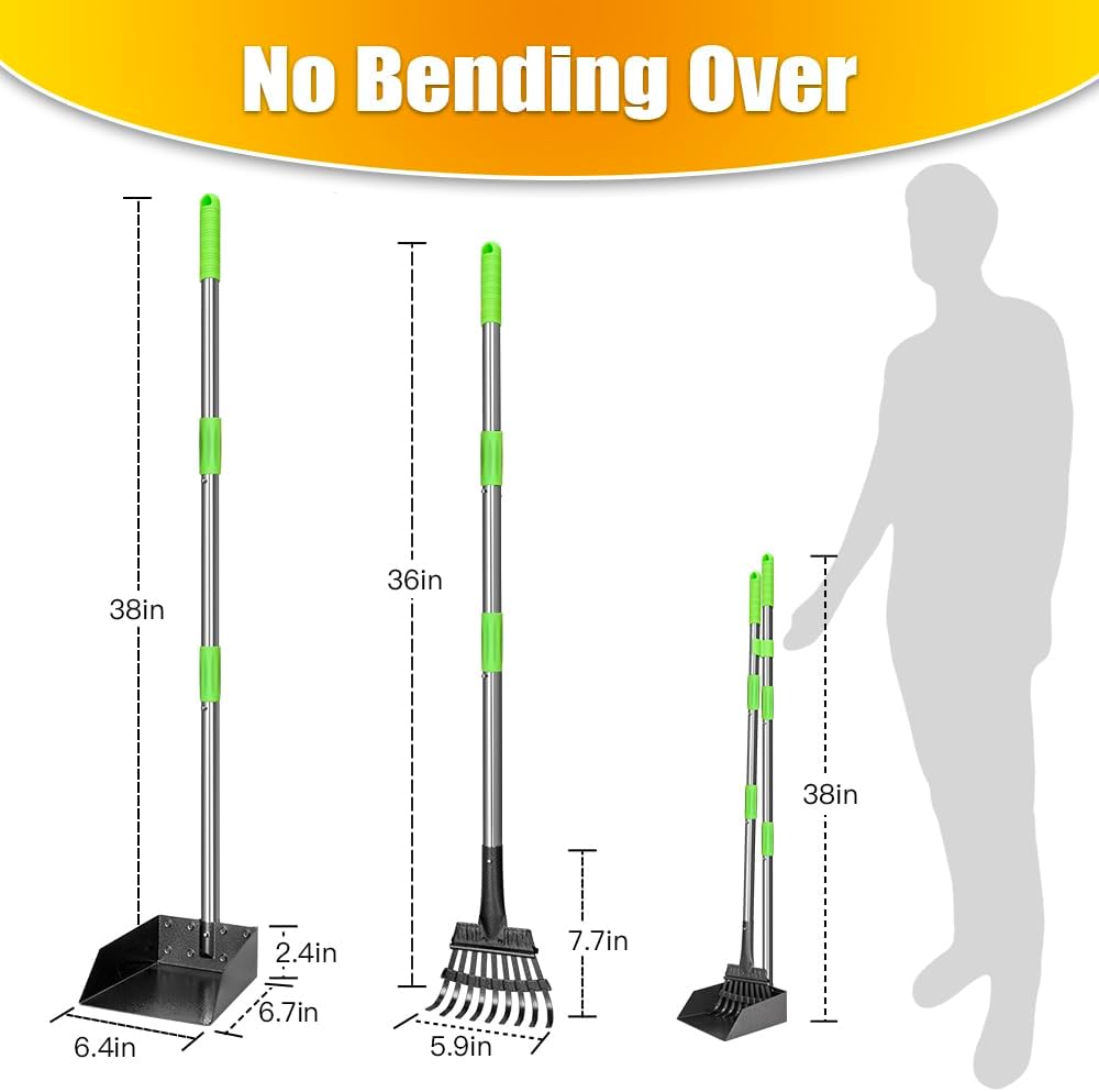 TOOGE Pooper Scooper, Dog Pooper Scooper Long Handle Stainless Metal Tray and Rake for Medium Small Dogs Heavy Duty Pet Supplies to Use for Grass, Dirt or Gravel