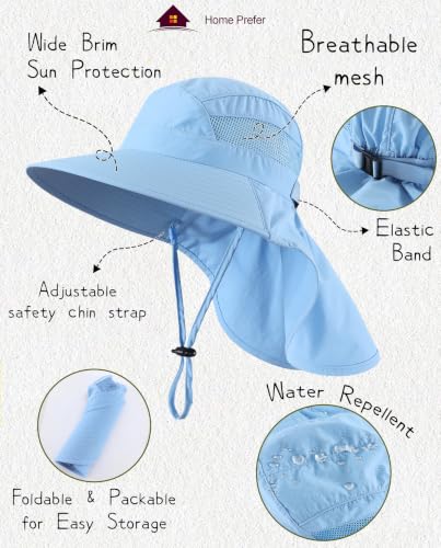 Home Prefer UPF50 Wide Brim Kids Sun Hat Neck Flap Boys Girls Sun Protection Hat for Beach Fishing - color: Light Blue, size: 2-4T