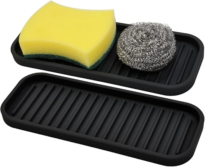 Silicone Sponge Holder Kitchen Sink Organizer Tray Dish Caddy Soap Dispenser, Scrubber Spoon Holder,Dishwashing Accessories 2 Pack (Black)