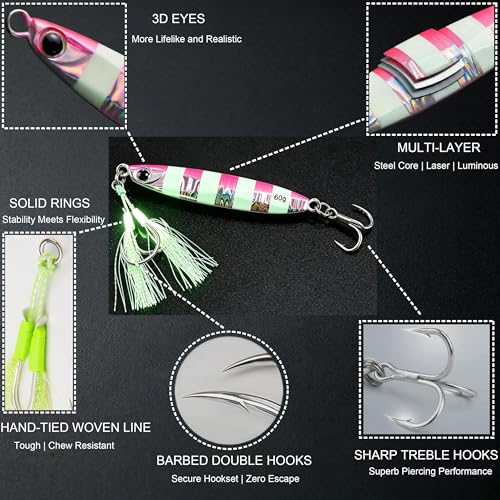 Saltwater Fishing Lures Metal Jigs Vertical Jigging Lure with Treble & Double Assist Hooks, 35-100g 6 pack Laser Glow Spoon Speed Sinking Slow Pitching Jig Offshore Targeting Tuna Mahi-Mahi Yellowtail - size: 100g/3.53oz