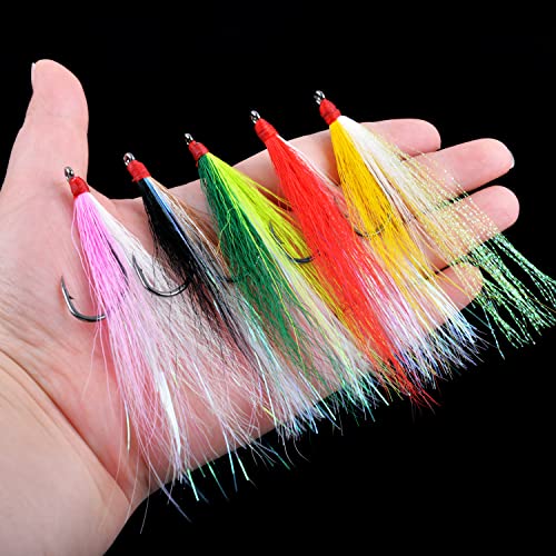 Bucktail Teasers Fishing Hooks Saltwater Flounder Rig Bucktail Mylar Teasers Inserted Fishing Teaser Hooks for Jigs Spoons Lures Hi/Lo Rig Striped Bass Bluefish Flounder Surf Bottom Fishing - color: Black-grey, size: 12pcs
