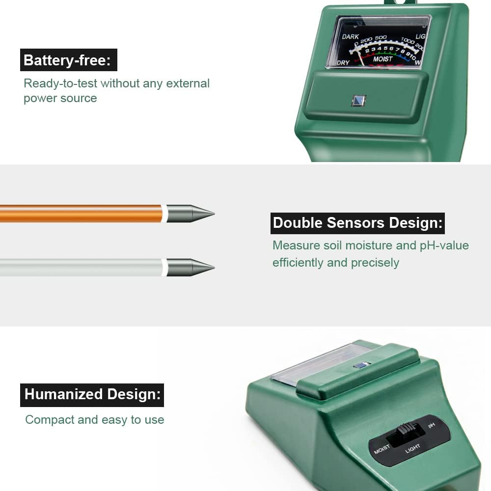 Soil pH Meter, MS02 3-in-1 Soil Moisture/Light/pH Tester Gardening Tool Kits for Plant Care, Great for Garden, Lawn, Farm, Indoor & Outdoor Use (Green)