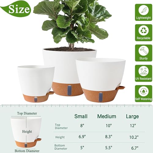 8/10/12 Inch Self Watering Pots for Indoor/Outdoor Plants - Large Plastic Planter with Drainage Holes, Water Level Indicator & Deep Reservoir, Modern Decorative Flower Pots (White)