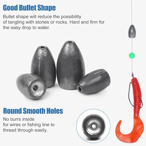 Bullet Fishing Sinkers Weights Worm Weights for Bass Fishing Slip Sinkers for Pitching and Flipping Texas Rigs Saltwater Freshwater - style: 3/8oz-40pcs