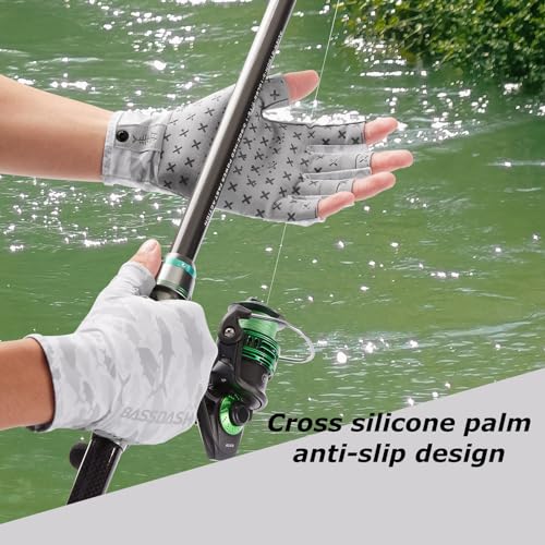 BASSDASH 3/4 Finger UPF 50+ Sun Gloves Breathable Anti-Slip Silicone Palm for Men Women Fishing Fingerless Cycling Running - color: Grey Fishes, size: X-Large