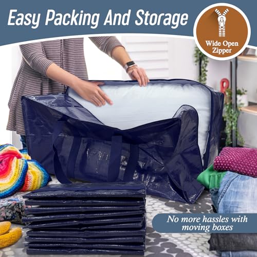 6 Pack Extra Heavy Duty Large Moving Bags with Strong Zipper & Comfortable Handles, Sturdy & Durable Clothes Storage Bags Totes Bins, Blue Packing Moving Boxes for College Supplies, Dark Blue