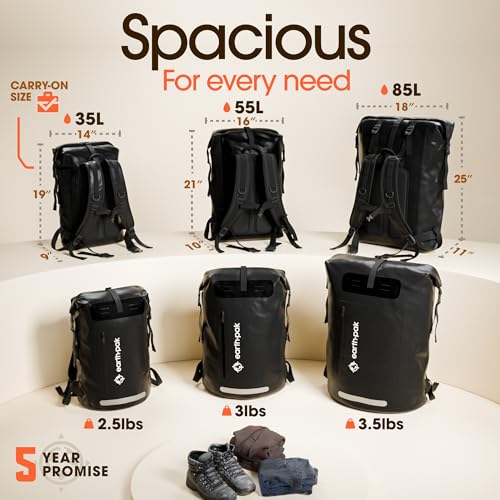 Earth Pak Waterproof Backpack - Heavy Duty Hiking Backpack - Roll-Top Closure Bag - Cushioned Dry Bag Waterproof Phone Case - color: Black, size: 55L