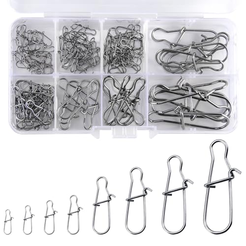 Alownder 100-Pack Fishing Snaps Duo Lock Snaps Kit, 37-183LB Stainless Steel Lure Snap Speed Quick Change Clips, 1-8# High Strength Fast Snap Swivels Hooks Lures Connector Set Freshwater Saltwater