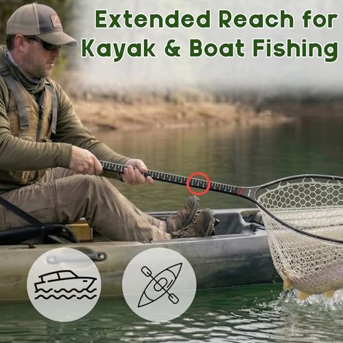 Riverruns Fly Fishing Landing Net Carbon Fiber Trout Net with Measurement Handle, Soft Rubber Mesh - 26" Standard (Wading) / 37" Long (Kayak) - color: 37" Kayak Net (Long) - Green Carbon
