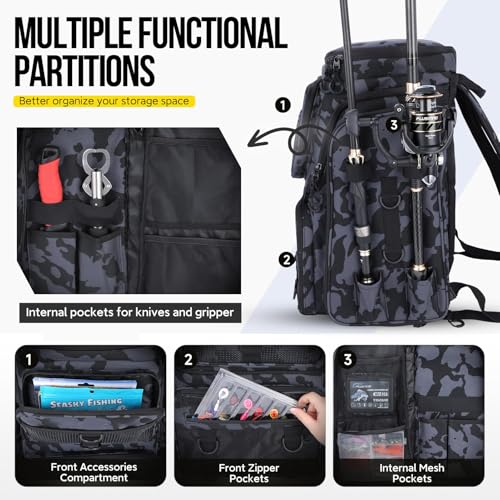 Fishing Backpack with Rod Holder, Waterproof Fishing Bag for Fishing Gear, 42L Large Capacity Tackle Box Backpack (Black Camo) - color: Black Camo