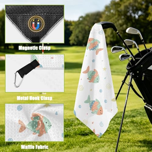 Fish 2 Pack Waffle Pattern Golf Towels, 17.7"x17.7" Square Golf Towel with Carabiner Clip and Magnetic Snap for Cleaning Golf Ball, Club