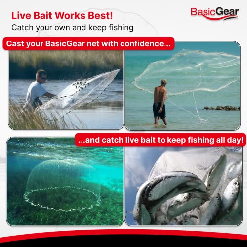 BasicGear Cast Net | 3ft-12ft Radius, 3/8 or 1/4 inch Mesh for Freshwater and Saltwater Bait Fish| Professional Grade and Upgraded Material | Throw Style - size: 5ft Radius, style: Protected Weights, 3/8" Mesh