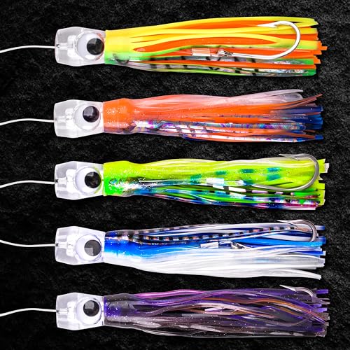 Saltwater Fishing Lures 6/9inch Trolling Lures for Marlin Mahi Tuna Dolphin Shark Big Game Deep Sea Fishing Baits Squid Skirts Rigged Hooks Ocean Gear Tackle - color: Yellow-1pcs, size: 9inch
