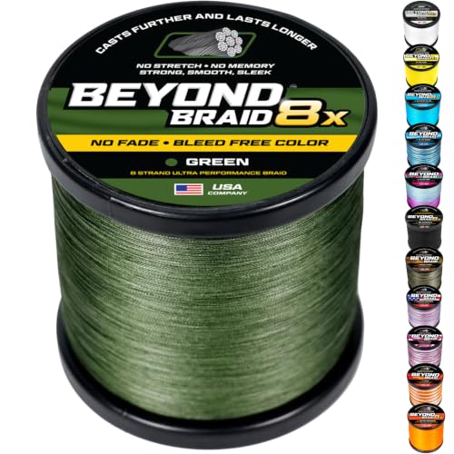 Beyond Braid Braided Fishing Line -Super Strong - Abrasion Resistant - No Stretch -Blue Camo, Moss Camo, White, Green, Pink, Blue, 4 Strand 8 Strand - color: Green 8X - No Fade, size: 50LB (300 Yards)