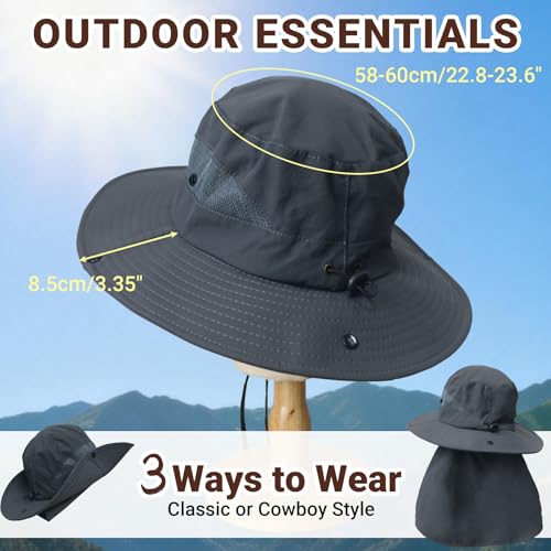 PFFY Sun Bucket Hats for Men Women Fishing Hat UV Protection Wide Brim Beach Safari Hat with Neck Flap - color: Darkgray (With Neck Flap)