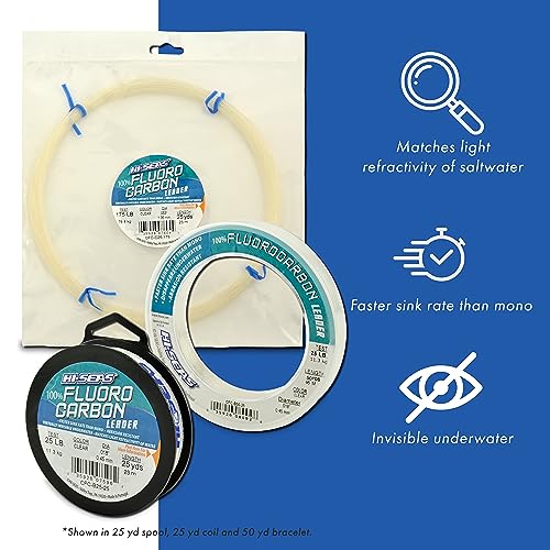 HI-SEAS 100% FLUOROCARBON Fishing LINE Leader - Clear Invisible Leader UNDETECTABLE to Fish, Fast Sinking 6LB-400LB - style: 0.008 in / 0.28 Mm, 6 Lb, 25 Yd