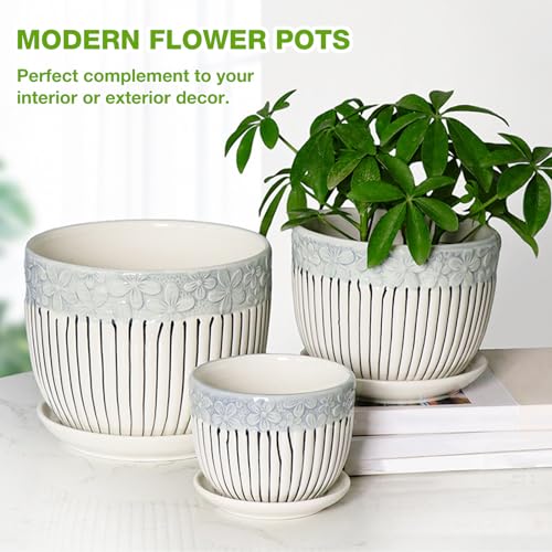Ceramic Plant Pots Set of 3, 6.75/5.6/4.2 inch Planters with Drainage Holes and Saucer, Flower Pot Outdoor Indoor, Modern Decorative Planters for House Plants Garden Planters Succulent Pots