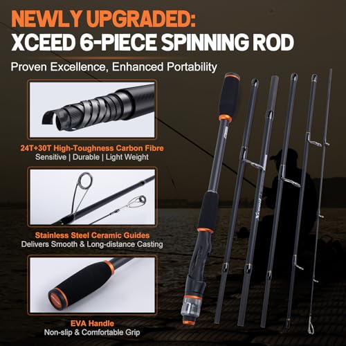 Goture Fishing Rod & Reel Combo-4/6 Piece Fishing Rod Set,Travel Fish Rod | Ultralight Spinning Rod Set w/Fishing Reel, Fishing Tackle Bag, Braided Line, Lures & Hooks Kit - color: Xceed 6 Pieces Rod w/ Soft Fishing Bag, size: 8FT