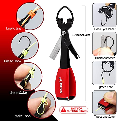 SAMSFX Fishing Pliers, Muti-Function Fly Fishing Tools, 8" Saltwater Resistant Gear Hook Remover Split Ring Tungsten Cutters, with Lanyard & Sheath - color: Red Fishing Pliers with Quick Knot Tool