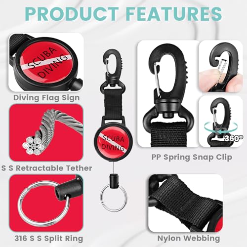 Scuba Diving Retractor, Dive Gear Keeper with 60cm/24'' Retractable Tether | Quick Release Retractor with Swivel Spring Clip, Split Ring for Diving Gauge, Flashlight, Camera, Compass, Whistle, Slate