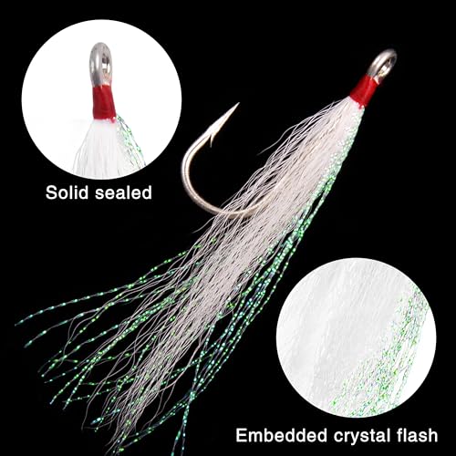 Bucktail Teasers Fishing Hooks Saltwater Flounder Rig Bucktail Mylar Teasers Inserted Stainless Steel Fishing Teaser Hooks for Striped Bass Trout Catfish Cod Flounder Hi/Lo Rig Jigs Spoons Lures - color: White, size: 12pcs