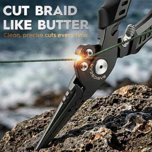 BasicGear Fishing Pliers, 17-4 PH Stainless Steel Saltwater Pliers, Braid Cutter, Split Ring Tool, Corrosion Resistant, One-Hand Operation (7.5" Standard (All-Purpose) - Black) - size: 7.5" Standard (All-Purpose) - Black