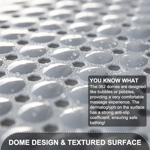 Bath Tub and Shower Mats, Non Slip 40 x 16 Inch Extra Large Bathtub Mat, Machine Washable Bathmat with Drain Holes, Suction Cups for Bathroom Floor, Gray