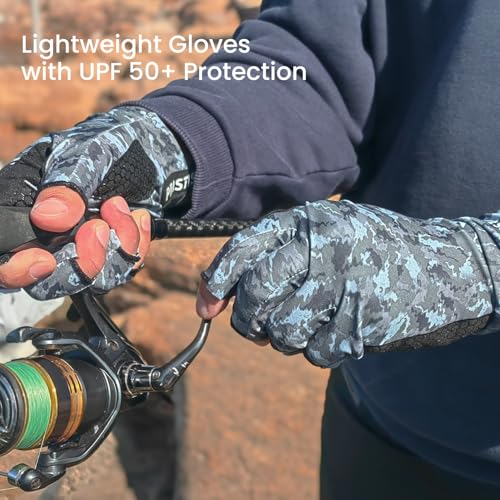 Pristis Half-Finger Fishing Gloves, UPF 50+ Breathable Quick Drying Fingerless Sun Gloves for Women Men, Fly Fishing Hunting Paddling Sailing Kayaking Hiking Canoeing Cycling - color: Wasteland CAMO, size: L - XL
