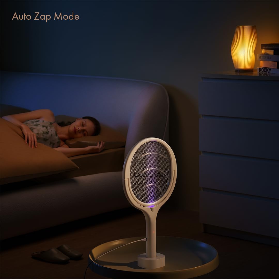 GeckoMan Rotating Head Electric Fly Swatter Racket Rechargeable Bug Zapper Racket Bug Zapper Indoor Fly Zapper Mosquito Zapper Flies Killer for Indoors, with a Telescopic Extension