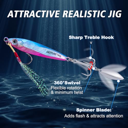 Goture Fishing Jigs, 40g 60g Vertical Jig Saltwater Freshwater, Jig Fishing Lures with Assist Hooks and Treble Hook, Jigging Spoon Lures for Tuna, Salmon,Striped Bass, Grouper Snapper,Kingfish - color: A3:5pcs Fishing Jigs, size: 1.41oz/40g