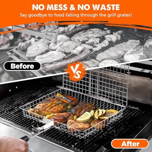 Nesting Grill Baskets, 2pcs Grilling Baskets for Outdoor with Removable Handle, Stainless Steel BBQ Camping Cooking Accessories Tools for Fish, Vegetable, Shrimp - Gifts for Men Dad Husband