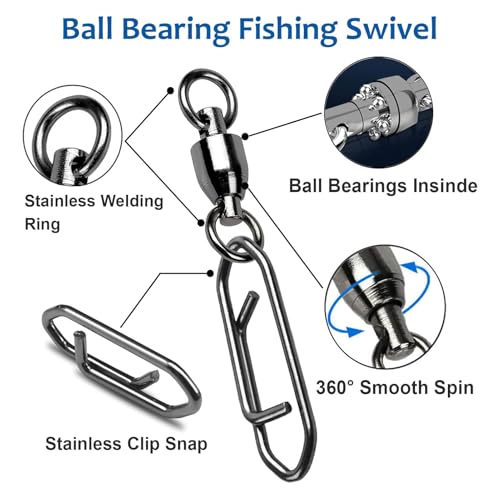 AMYSPORTS High Strength Snap Swivels Stainless Bearing Rolling Fishing Swivel Freshwater Snap Swivels Fishing Clip Steel Black Nickel - size: Size 8+XXL (221lb) 50 pcs