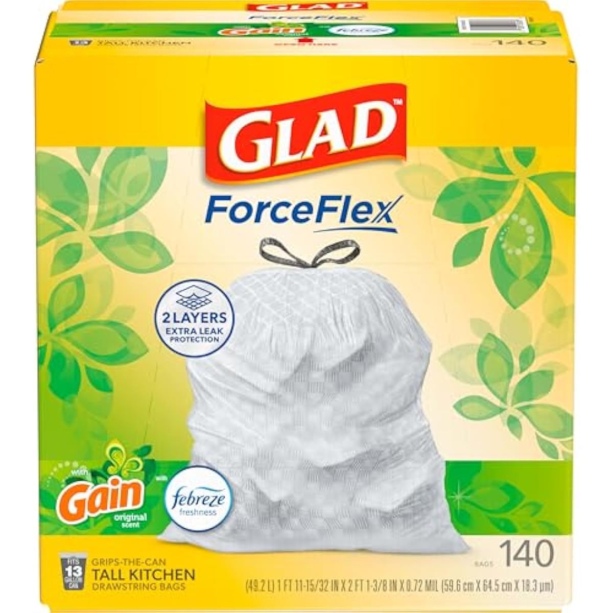 Glad ForceFlex Tall Kitchen Trash Bags, 13 Gallon, Gain Original, 140 Count (Package May Vary)