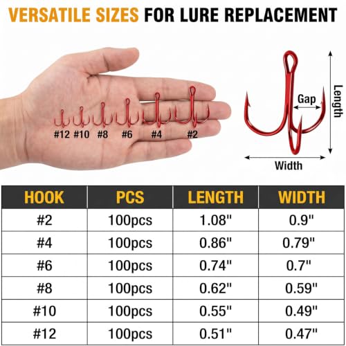 100pcs Fishing Hook Treble Hooks High Carbon Treble Hooks Super Sharp Solid Size 2 4 6 8 10 12 Triple Barbed Steel Fish Hook - color: Red, size: 8#-100pcs