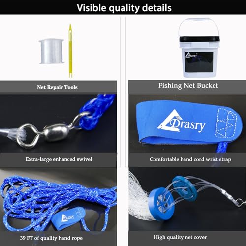 Drasry Saltwater Fishing Cast Net for Bait 3/8 1/4 or 1/2 with Heavy Sinkers Fish Trap Throw Net. Size 3ft/4ft/5ft/6ft/7ft/8ft/9ft/10ft Radius Freshwater Nets - size: 6FT (180cm) Radius, style: 1/4 Mesh Lead Sinkers-mono