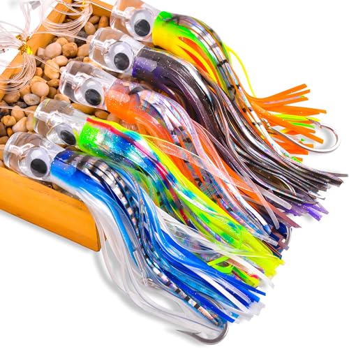 Saltwater Fishing Lures 6/9inch Trolling Lures for Marlin Mahi Tuna Dolphin Shark Big Game Deep Sea Fishing Baits Squid Skirts Rigged Hooks Ocean Gear Tackle - color: Yellow-1pcs, size: 9inch