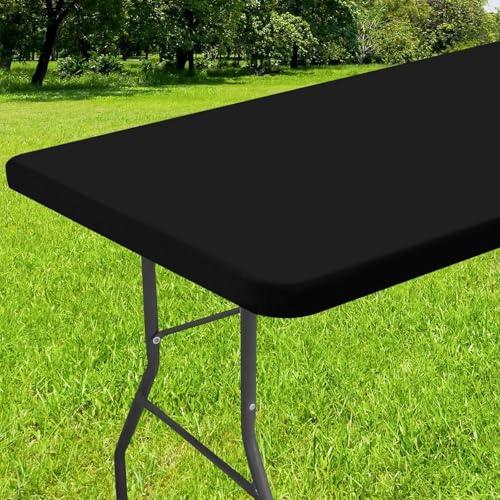 Smiry Rectangle Tablecloth, Elastic Fitted Flannel Backed Vinyl Tablecloths for 6ft Folding Tables, Waterproof Wipeable Table Covers for Indoor, Outdoor, Picnic and Camping (Black, 30"x72")