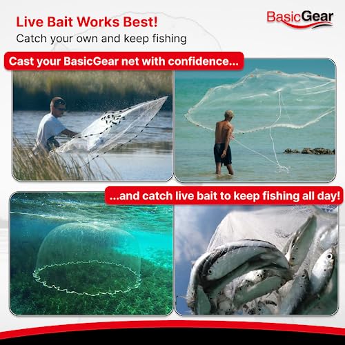 BasicGear Cast Net | 3ft-12ft Radius, 3/8 or 1/4 inch Mesh for Freshwater and Saltwater Bait Fish| Professional Grade and Upgraded Material | Throw Style - size: 4ft Radius, style: Zinc Iron, 3/8" Mesh
