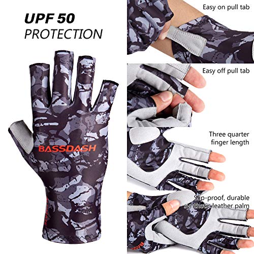 Bassdash ALTIMATE UPF 50+ Sun Protection Fingerless Fishing Gloves Men - color: Black Camo, size: Large