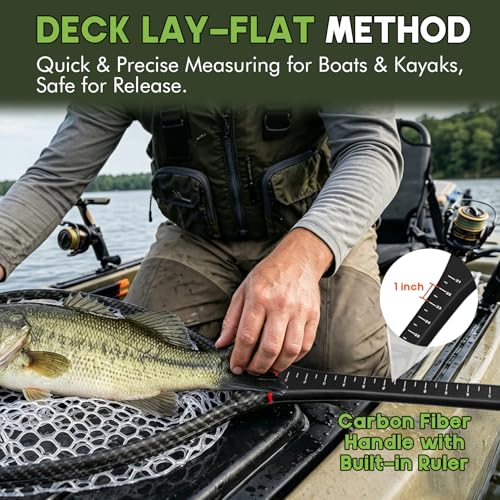 Riverruns Fly Fishing Landing Net Carbon Fiber Trout Net with Measurement Handle, Soft Rubber Mesh - 26" Standard (Wading) / 37" Long (Kayak) - color: 37" Kayak Net (Long) - Green Carbon