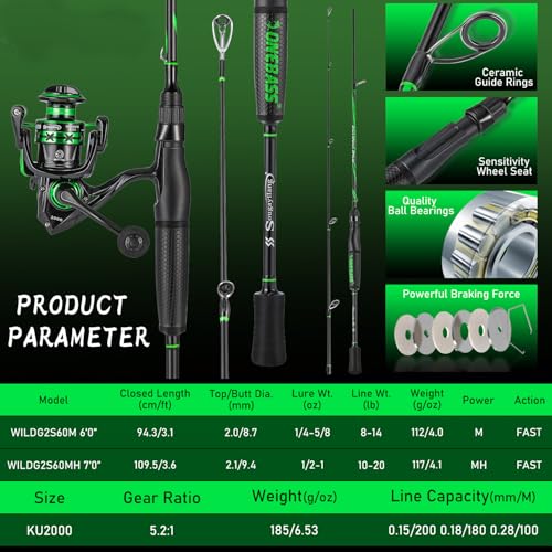 One Bass Fishing Rod Reel Combos, Spinning & Casting Combo, Graphite 2Pc Blanks, Stainless-Steel Guides, Super Polymer Handle - color: Spinning Combo-2 PACK, size: 6'0"