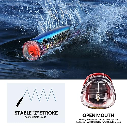 THKFISH Popper Lures Saltwater Tuna Popper Topwater Fishing Lures for Surf Fishing Bass with 3D Eyes for GT Tuna Large Fish 5.9in 1pc/3pcs - color: 1PC-BLU-GRN