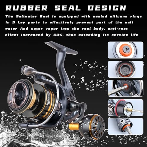 Saltwater Spinning Reel,13+1BB Ultra Smooth Saltwater Fishing Reels,Powerful Carbon Drag,CNC Aluminum Spool & Handle - color: tarnish&gold, size: 6000