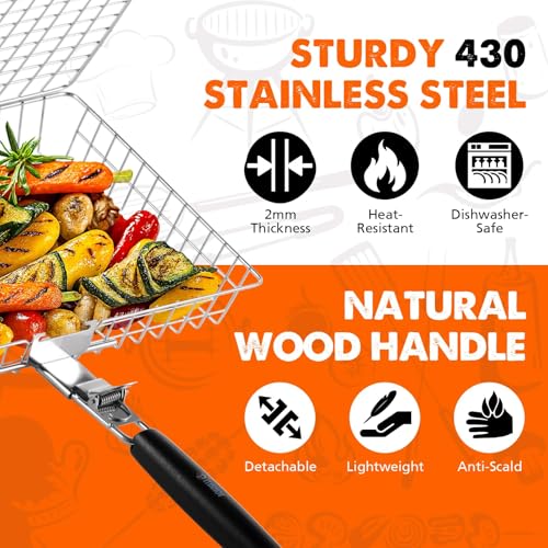 Nesting Grill Baskets, 2pcs Grilling Baskets for Outdoor with Removable Handle, Stainless Steel BBQ Camping Cooking Accessories Tools for Fish, Vegetable, Shrimp - Gifts for Men Dad Husband