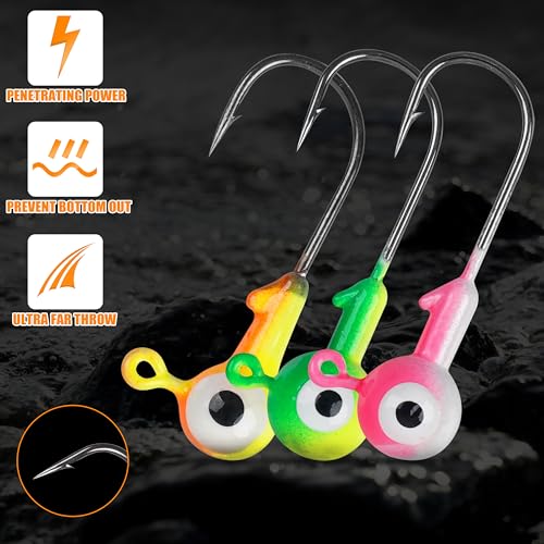 Fishing Jig Head Hooks Set, 20/40pcs Assorted Painted Round Jig Heads with Big Eyes 3/8 1/4 1/8 1/16 1/32oz Crappie Jig Heads for Bass Trout Walleye Freshwater Saltwater Fishing - style: 1/8oz-40pcs