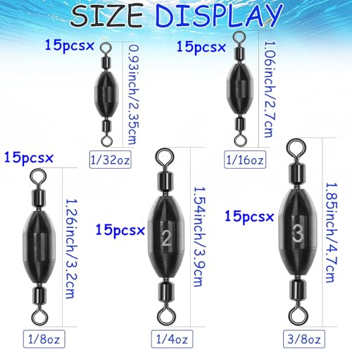 15Pcs Fishing Weights Swivel Bullet Sinkers Brass Fishing Weights | Saltwater Freshwater Bass Sinker Fishing Weights with Swivel Rolling - size: 1/32oz