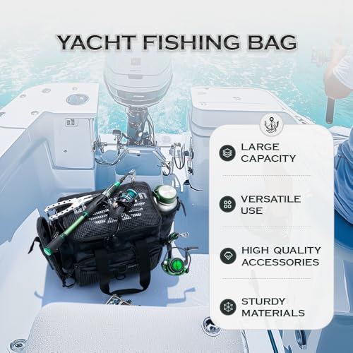 Ghosthorn Fishing Tackle Bag with Rod Holder Saltwater & Freshwater Resistant Large Tackle Box Bag - Waterproof Base, Adjustable Padded Shoulder Strap (Black Camouflage) - color: Black Camo-Waterproof Bottom, size: Large
