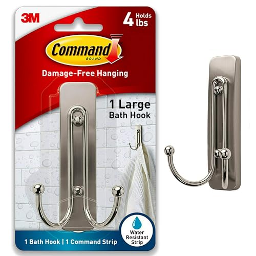 Command Large Double Bathroom Wall Hook, Damage-Free Hanging with Adhesive Strip, Great for Hanging Bath Towels, 1 Satin Nickel Wall Hook and 1 Water-Resistant Strip, Holds up to 4 lb