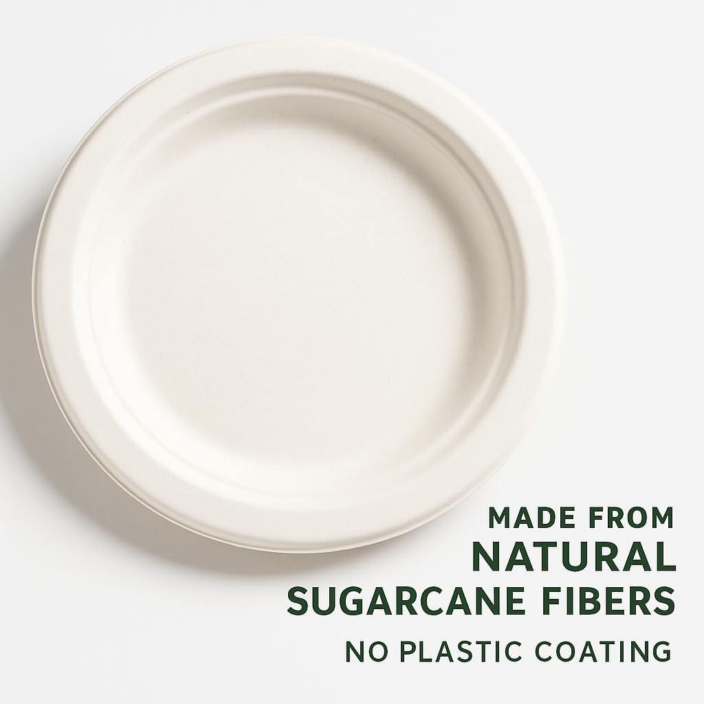 9-Inch Compostable Paper Plates, 125 Count | 100% Biodegradable Bagasse, Strong & Durable, Microwave-Safe, Soak-Proof for BBQs, Parties & Everyday Meals